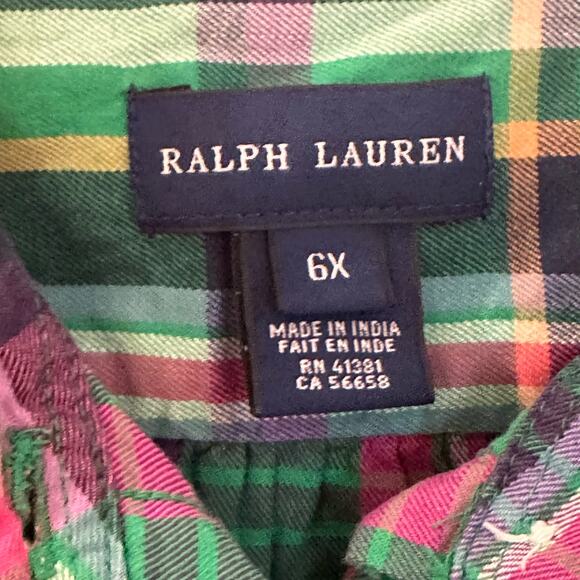 Girls Ralph Lauren Plaid Shirt sz 6X Ruffle collar Button Down Shirt Pink Green - Picture 3 of 5